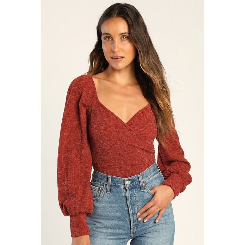 Lulus Fun Favorite Rust Red Long Sleeve Cropped Sweater Top - Size M